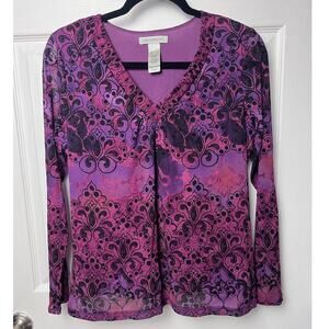 Liz Claiborne V-Neck Layered Mesh Paisley Long Sleeve Women's Top Size Large